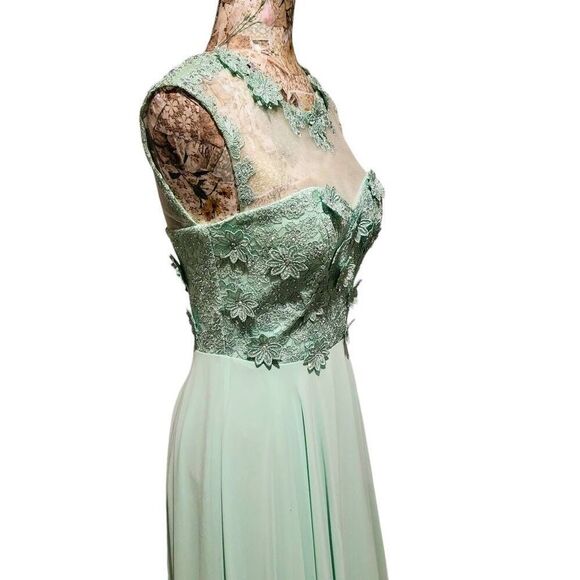 Formal Lt Green Rhinestones Floral Lace Sweetheart Bodice Long Gown Maxi Dress - Picture 7 of 15